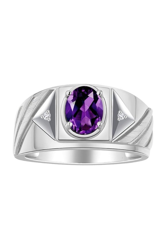 Men's Rings 14K White Gold Ring Classic Designer Style 8X6MM Oval Gemstone & Diamond Ring Amethyst Birthstone Rings For Men Size 11