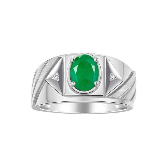 RYLOS Men's Rings 14K White Gold Ring Classic Designer Style 8X6MM Oval Gemstone & Diamond Ring Emerald May Birthstone Rings For Men Size 11