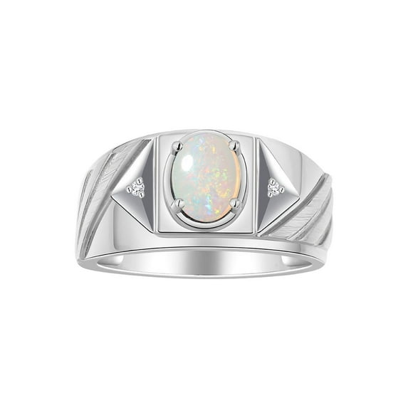 RYLOS Men's Rings 14K White Gold Ring Classic Designer Style 8X6MM Oval Gemstone & Diamond Ring Opal October Birthstone Rings For Men Size 11