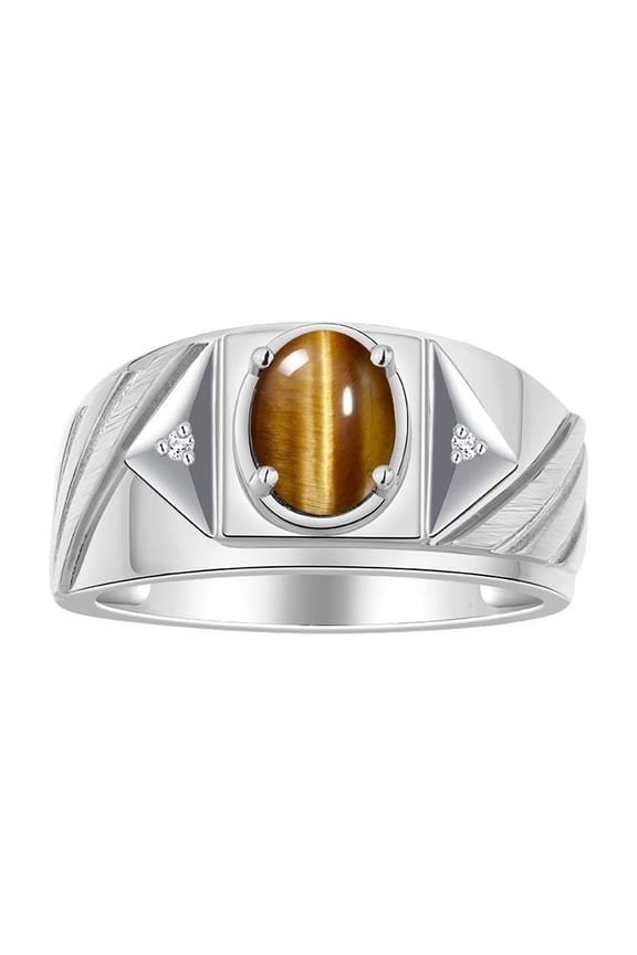 Men's Rings 14K White Gold Ring Classic Designer Style 8X6MM Oval Gemstone & Diamond Ring Tiger Eye Birthstone Rings For Men Size 9