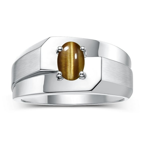 RYLOS Men's Rings 14K White Gold Ring Classic Solitaire 7X5MM Oval Shape Gemstone Designer Band Tiger Eye November Birthstone Rings For Men Size 11