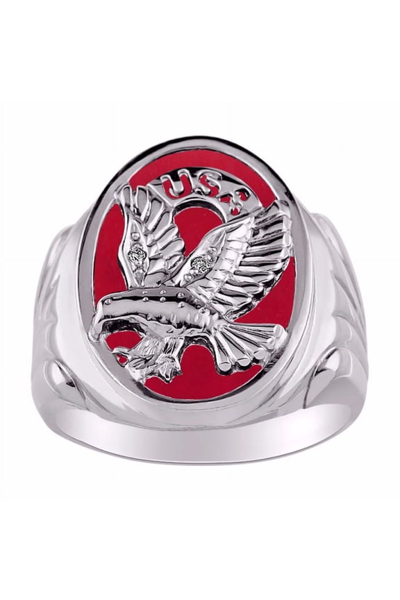 Men's Rings 14K White Gold Ring Designer Patriotic Eagle USA Ring With Diamonds and Red Quartz Rings For Men Size 12