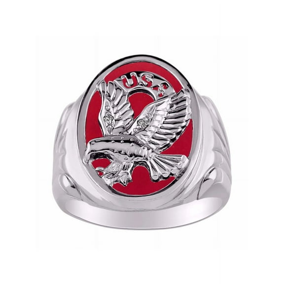 RYLOS Men's Rings 14K White Gold Ring Designer Patriotic Eagle USA Ring With Diamonds and Red Quartz Rings For Men Size 9