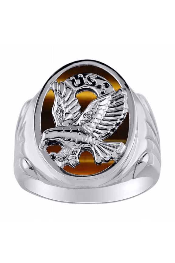 Men's Rings 14K White Gold Ring Designer Patriotic Eagle USA Ring With Diamonds and Tiger Eye Rings For Men Size 11