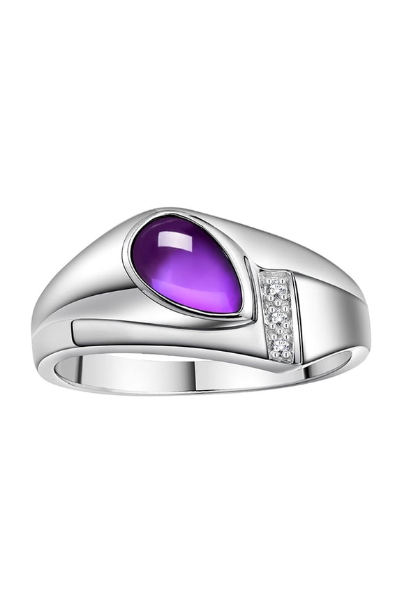 Men's Rings 14K White Gold Ring - Timeless Pear Shape Cabochone Gemstone & Diamonds - Tear Drop Cabochon AMETHYST Rings For Men Size 9