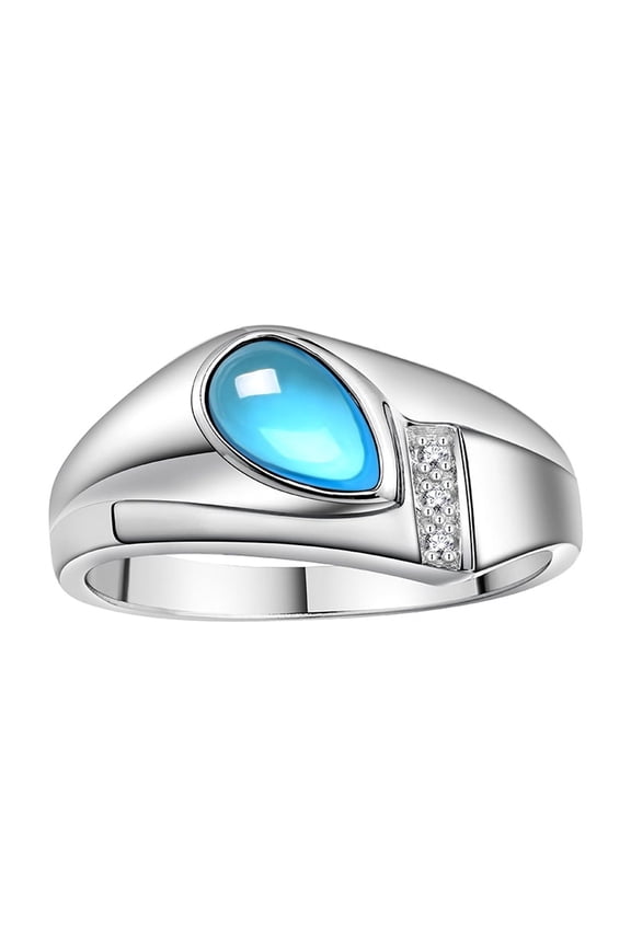Men's Rings 14K White Gold Ring - Timeless Pear Shape Cabochone Gemstone & Diamonds - Tear Drop Cabochon BLUE TOPAZ Rings For Men Size 12