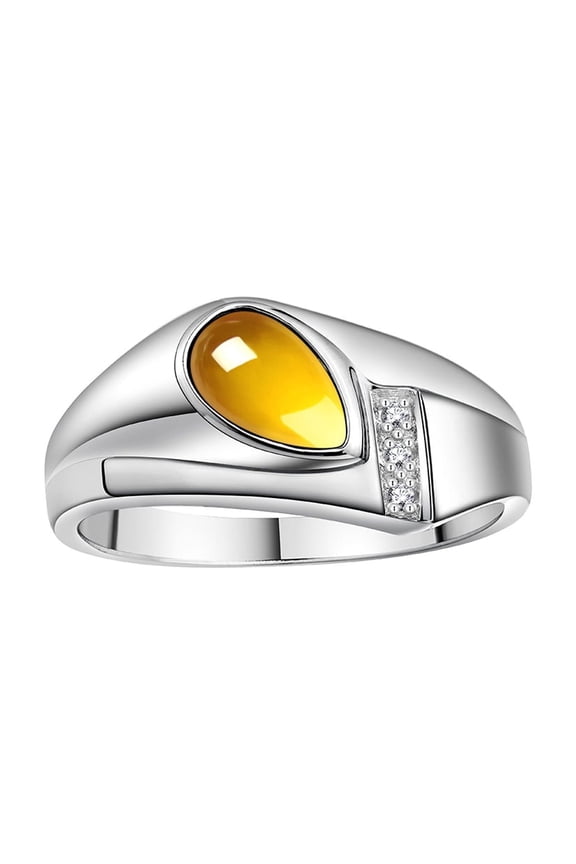 Men's Rings 14K White Gold Ring - Timeless Pear Shape Cabochone Gemstone & Diamonds - Tear Drop Cabochon CITRINE Rings For Men Size 8