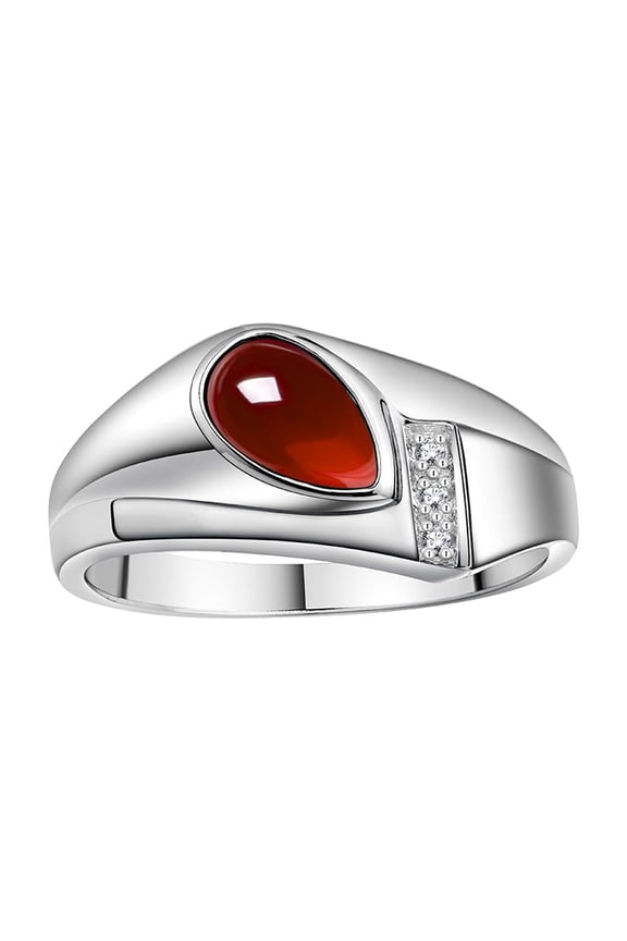 Men's Rings 14K White Gold Ring - Timeless Pear Shape Cabochone Gemstone & Diamonds - Tear Drop Cabochon GARNET Rings For Men Size 8
