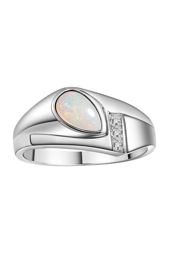 Men's Rings 14K White Gold Ring - Timeless Pear Shape Cabochone Gemstone & Diamonds - Tear Drop Cabochon OPAL Rings For Men Size 11