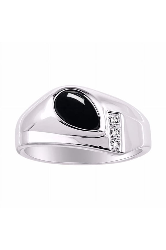 Men's Rings 14K White Gold Ring - Timeless Pear Shape Cabochone Gemstone & Diamonds - Tear Drop Cabochon Onyx Rings For Men Size 13