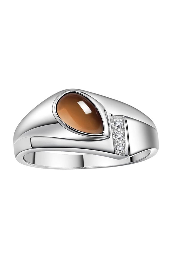 Men's Rings 14K White Gold Ring - Timeless Pear Shape Cabochone Gemstone & Diamonds - Tear Drop Cabochon SMOKEY QUARTZ Rings For Men Size 10