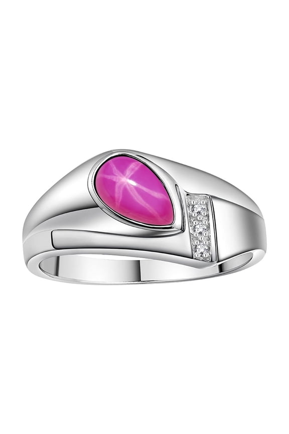 Men's Rings 14K White Gold Ring - Timeless Pear Shape Cabochone Gemstone & Diamonds - Tear Drop Star Ruby Rings For Men Size 11