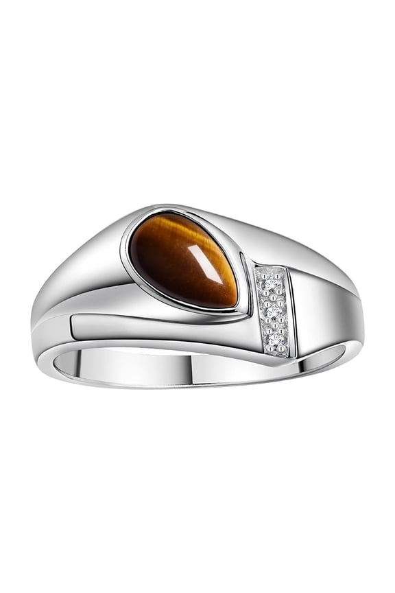 Men's Rings 14K White Gold Ring - Timeless Pear Shape Cabochone Gemstone & Diamonds - Tear Drop Tiger Eye Rings For Men Size 10