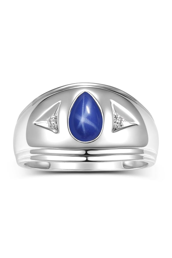 Men's Rings 14K White Gold Pear Shape Tear Drop Cabochon Gemstone & Diamond Rings; Blue Star Sapphire Size 12