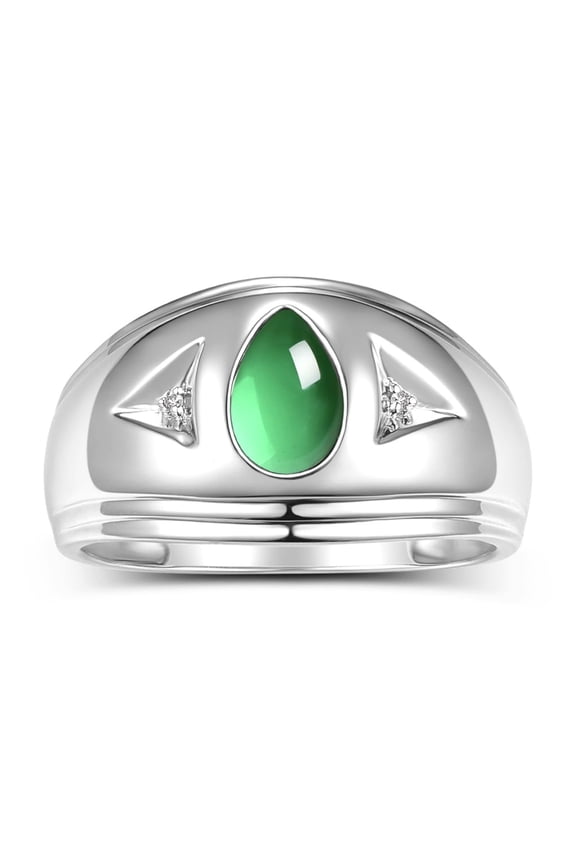 Men's Rings 14K White Gold Pear Shape Tear Drop Cabochon Gemstone & Diamond Rings; Cabochon Emerald Size 12