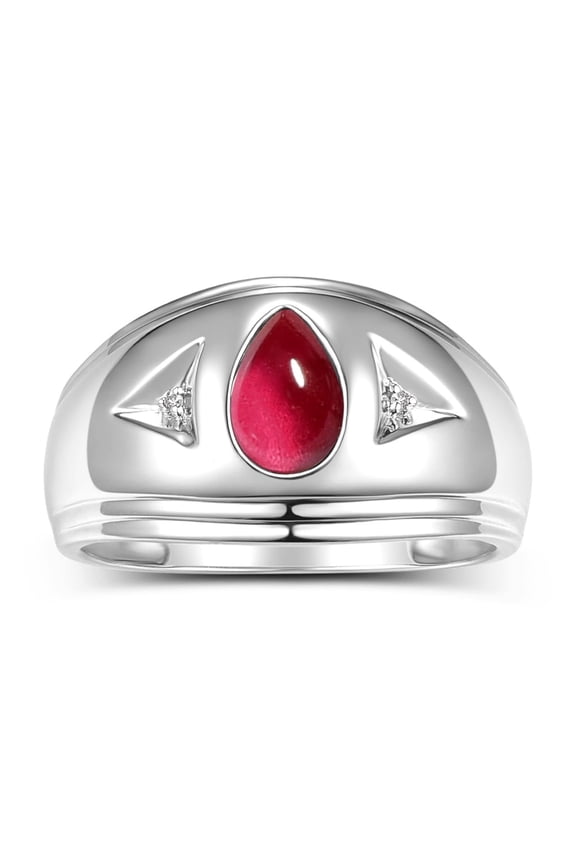 Men's Rings 14K White Gold Pear Shape Tear Drop Cabochon Gemstone & Diamond Rings; Cabochon Ruby Size 13