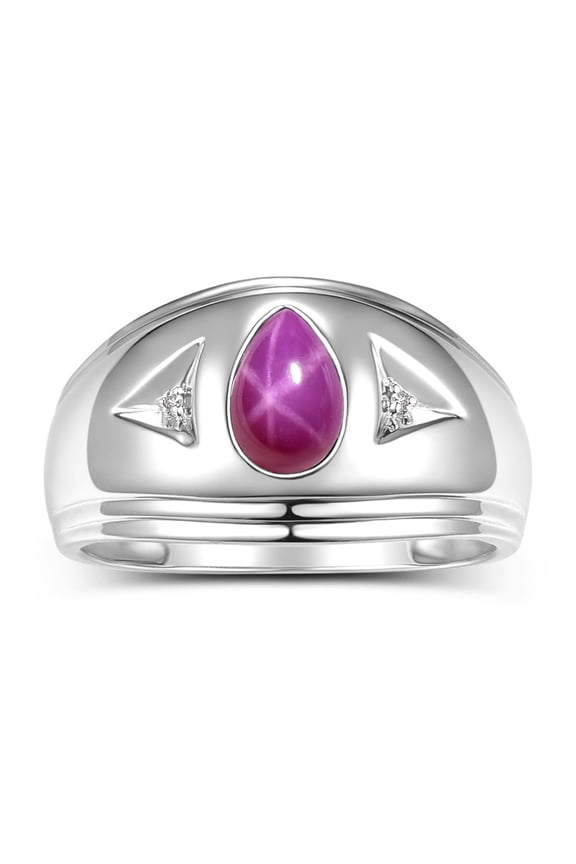 Men's Rings 14K White Gold Pear Shape Tear Drop Cabochon Gemstone & Diamond Rings; Star Ruby Size 12