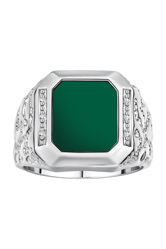 Men's Rings 14K White Gold Ring With Diamonds and GREEN QUARTZ Set in Designer Nugget Style Rings For Men Size 11