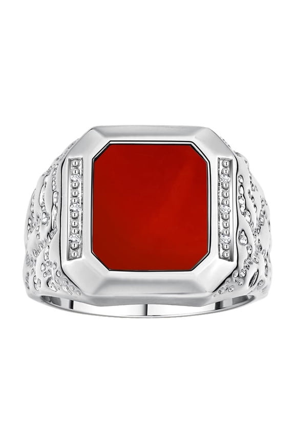 Men's Rings 14K White Gold Ring With Diamonds and RED QUARTZ Set in Designer Nugget Style Rings For Men Size 8
