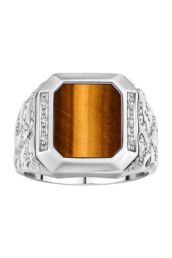 Men's Rings 14K White Gold Ring With Diamonds and TIGER EYE Set in Designer Nugget Style Rings For Men Size 8