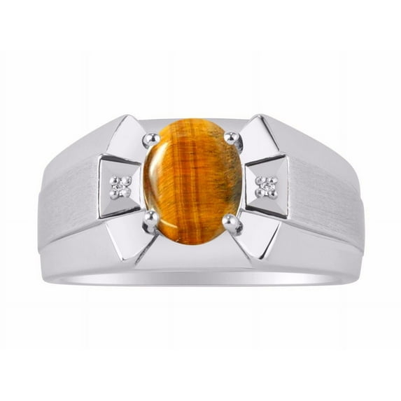 RYLOS Men's Rings 14K White Gold Rings Classic Designer 9X7MM Oval Gemstone & Diamond Ring Tiger Eye November Birthstone Ring Size 8