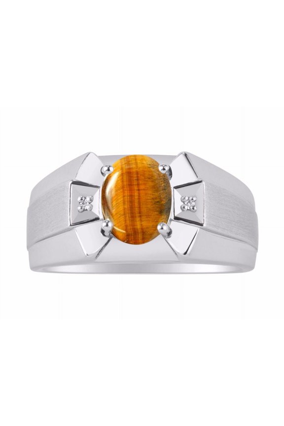 Men's Rings 14K White Gold Rings Classic Designer 9X7MM Oval Gemstone & Diamond Ring Tiger Eye November Birthstone Ring Size 8