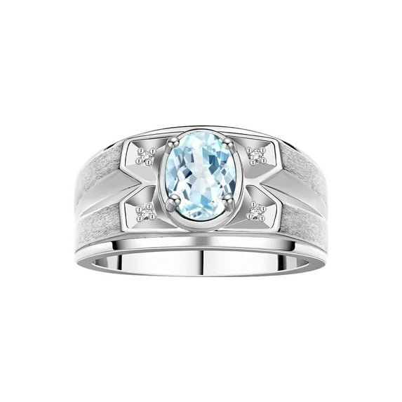 RYLOS Men's Rings 14K White Gold Rings Classic Designer Style 8X6MM Oval Gemstone & Diamond Ring Aquamarine March Birthstone Rings For Men Size 8