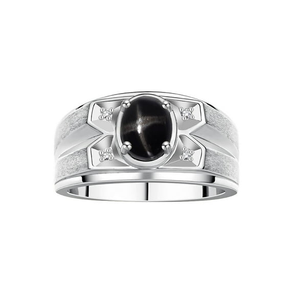 RYLOS Men's Rings 14K White Gold Rings Classic Designer Style 8X6MM Oval Gemstone & Diamond Ring Black Star Sapphire March Birthstone Rings For Men Size 8