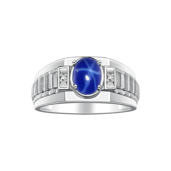 RYLOS Men's Rings 14K White Gold Ring Classic Designer Style 8X6MM Oval Gemstone & Diamond Ring Blue Star Sapphire Birthstone Rings For Men Size 10
