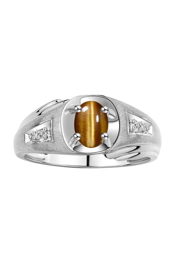 Men's Rings 14K White Gold Rings Classic Designer Style 8X6MM Oval Gemstone & Diamond Ring Tiger Eye November Birthstone Rings For Men Size 12