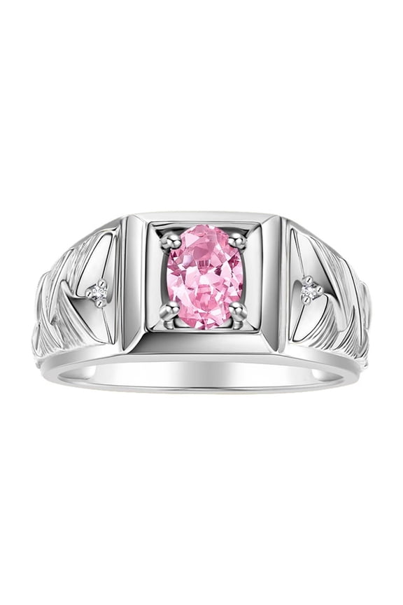 Men's Rings 14K White Gold Rings Designer Weave Band 7X5MM Oval Gemstone & Diamond Ring Pink Ice October Birthstone Rings For Men, Size 8