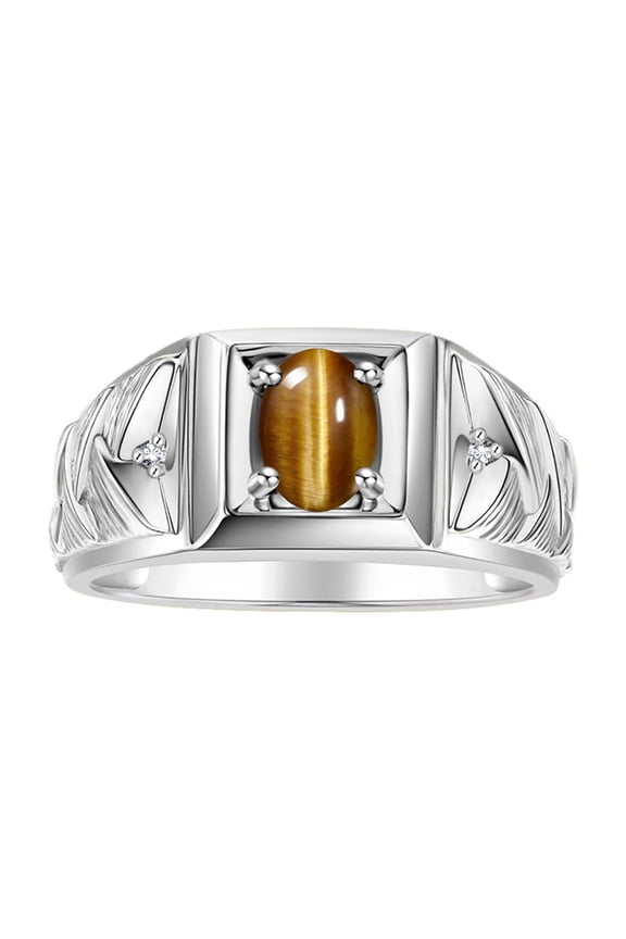 Men's Rings 14K White Gold Rings Designer Weave Band 7X5MM Oval Gemstone & Diamond Ring Tiger Eye November Birthstone Rings For Men Size 10