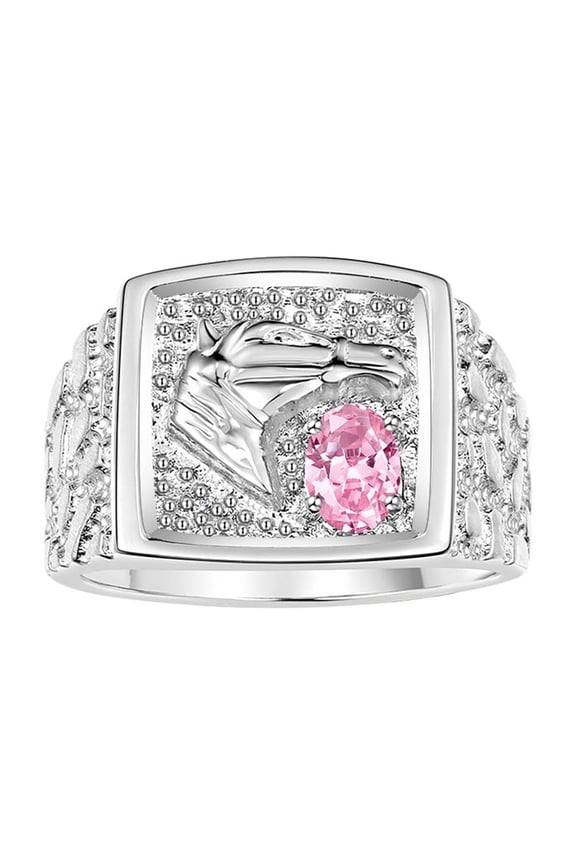 Men's Rings 14K White Gold Rings Lucky Nugget Horse Head 6X4MM Oval Gemstone & Diamond Ring Pink Ice October Birthstone Rings For Men Size 9