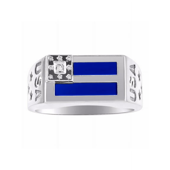RYLOS Men's Rings 14K White Gold USA Flag Designer Ring With Diamonds and Blue Quartz Rings For Men Size 8