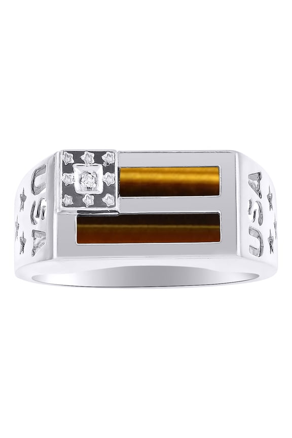 Men's Rings 14K White Gold USA Flag Designer Ring With Diamonds and Tiger Eye Rings For Men Size 10