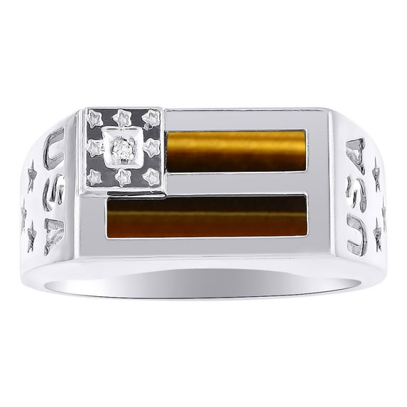RYLOS Men's Rings 14K White Gold USA Flag Designer Ring With Diamonds and Tiger Eye Rings For Men Size 11
