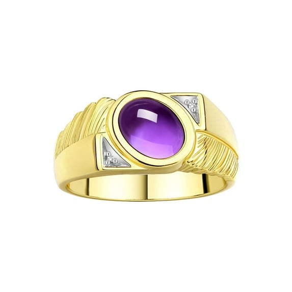 RYLOS Men's Rings 14K Yellow Gold Cabochone Gemstone & Diamond Designer Amethyst Rings For Men Size 11