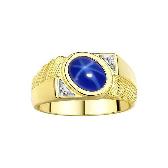 RYLOS Men's Rings 14K Yellow Gold Cabochone Gemstone & Diamond Designer Blue Star Sapphire Rings For Men Size 12