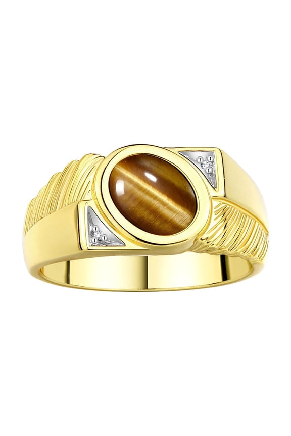 Men's Rings 14K Yellow Gold Cabochone Gemstone & Diamond Designer Tiger Eye Rings For Men Size 9