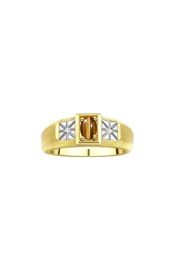 Men's Rings 14K Yellow Gold Classic 6X4MM Oval Gemstone & Diamond Ring Tiger Eye November Birthstone Rings For Men, Gold Rings Size 10