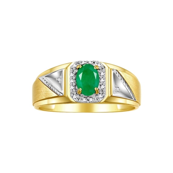 RYLOS Men's Rings 14K Yellow Gold Classic 7X5MM Oval Gemstone & Diamond Designer Ring Emerald May Birthstone Rings For Men Size 12
