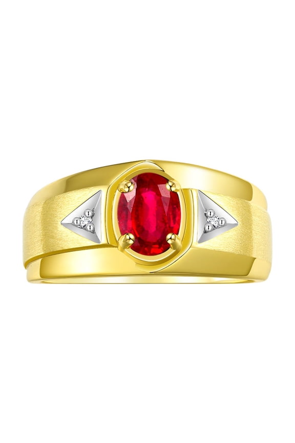 Men's Rings 14K Yellow Gold Classic 7X5MM Oval Gemstone & Diamond Designer Ring Ruby July Birthstone Rings For Men, Gold Rings Size 13