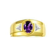 RYLOS Men's Rings 14K Yellow Gold Classic 7X5MM Oval Gemstone & Diamond Ring Amethyst February Birthstone Rings For Men, Gold Rings Size 8