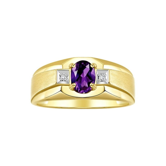 RYLOS Men's Rings 14K Yellow Gold Classic 7X5MM Oval Gemstone & Diamond Ring Amethyst February Birthstone Rings For Men, Gold Rings Size 8