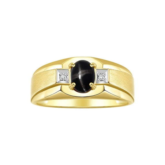 RYLOS Men's Rings 14K Yellow Gold Classic 7X5MM Oval Gemstone & Diamond Ring Black Star Sapphire March Birthstone Rings For Men, Gold Rings Size 11