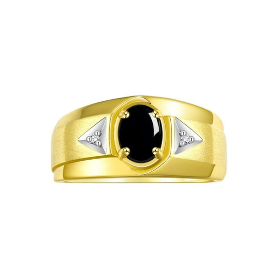 RYLOS Men's Rings 14K Yellow Gold Classic 7X5MM Oval Gemstone & Diamond Ring Cabochon Onyx October Birthstone Rings For Men, Gold Rings Size 8