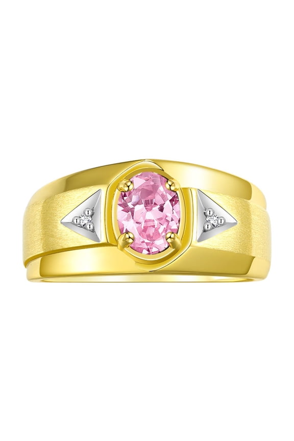 Men's Rings 14K Yellow Gold Classic 7X5MM Oval Gemstone & Diamond Ring Pink Ice October Birthstone Rings For Men, Gold Rings Size 9
