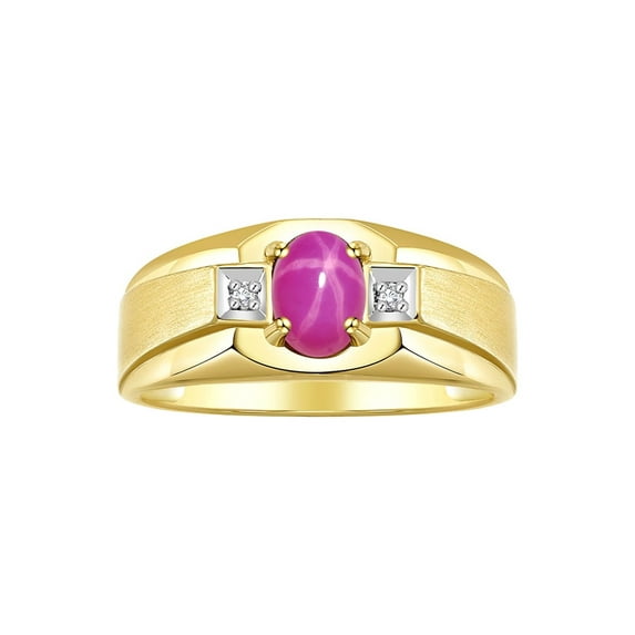 RYLOS Men's Rings 14K Yellow Gold Classic 7X5MM Oval Gemstone & Diamond Ring Star Ruby July Birthstone Rings For Men, Gold Rings Size 12