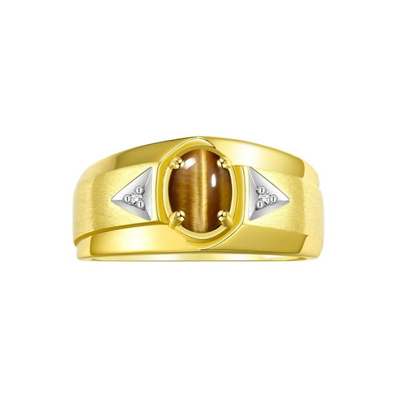 RYLOS Men's Rings 14K Yellow Gold Classic 7X5MM Oval Gemstone & Diamond Ring Tiger Eye November Birthstone Rings For Men, Gold Rings Size 13