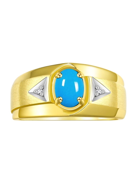 Men's Rings 14K Yellow Gold Classic 7X5MM Oval Gemstone & Diamond Ring Turquoise December Birthstone Rings For Men, Gold Rings Size 8